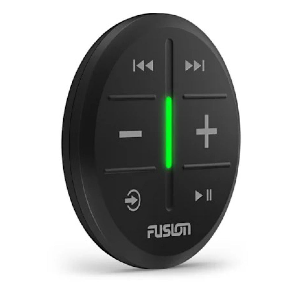 Black audio control panel with green indicator light on a white background, featuring the Fusion logo.