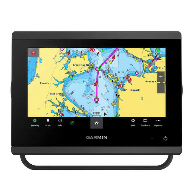Garmin marine navigation display with map on a white background