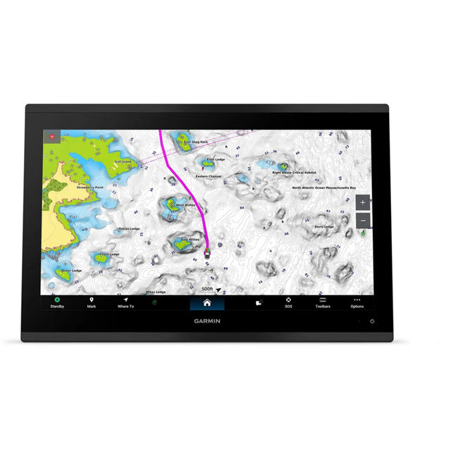 Garmin marine chartplotter with map display on a white background