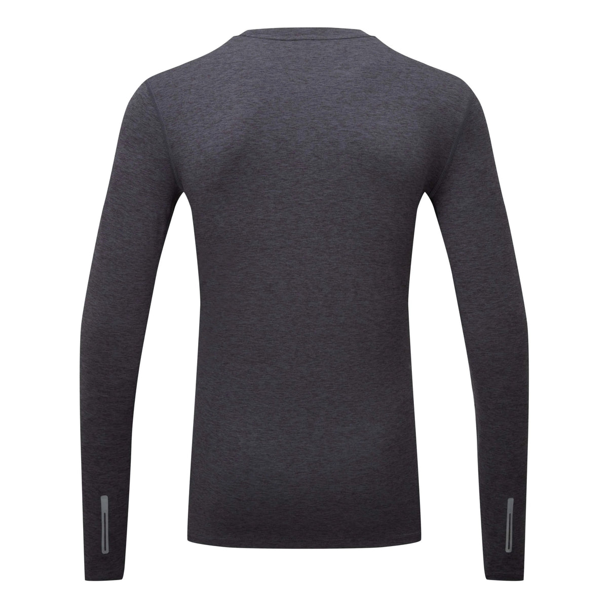 A dark gray heather long-sleeve shirt shown from the back, featuring two small reflective strip details near the cuffs, set against a plain white background.