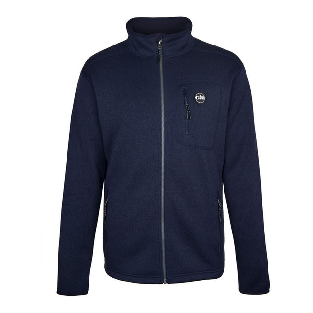 Navy blue fleece jacket with a logo on a white background