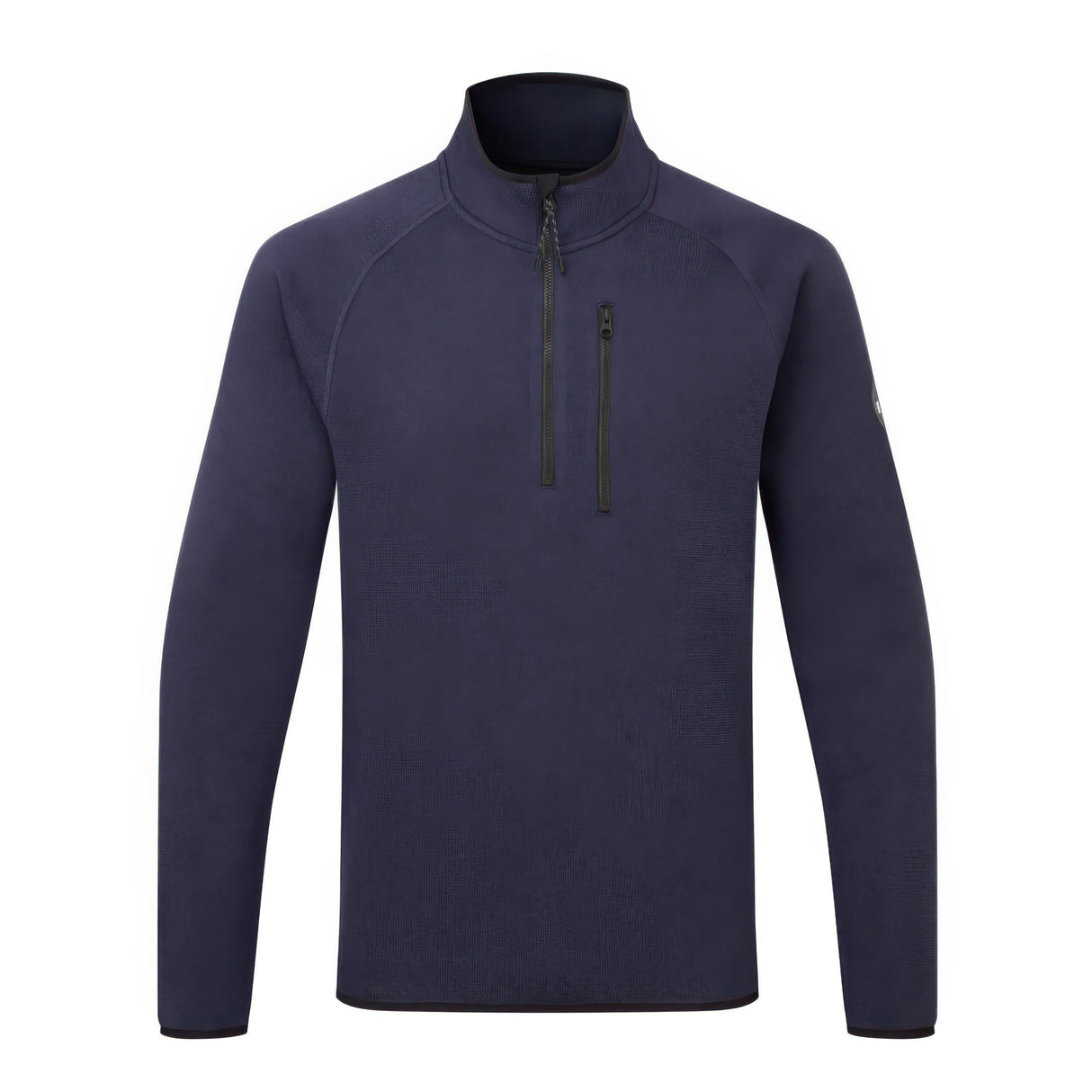 Navy blue pullover with a quarter zip on a white background