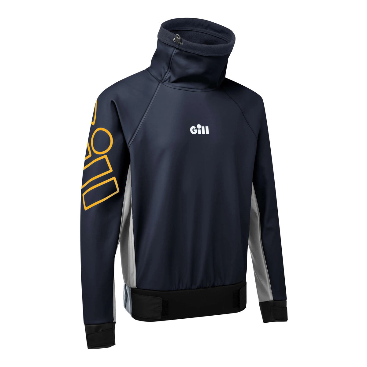A navy blue athletic jacket with a high mock neck collar, featuring a white 'gill' logo on the chest and a yellow graphic on the right sleeve, set against a plain white background.