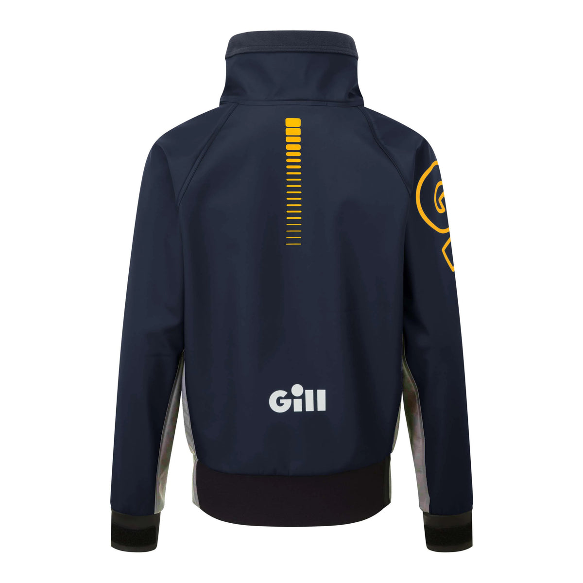 Back view of a navy blue GILL athletic jacket with a high collar, featuring a yellow vertical bar graphic on the upper back, a white GILL logo on the lower back, and a yellow circular logo patch on the left sleeve.