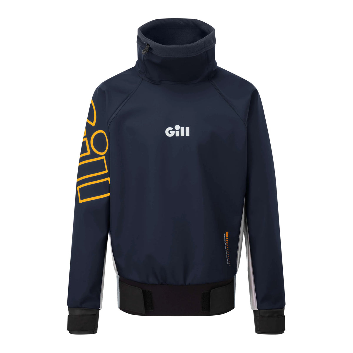 A navy blue high-collar athletic jacket by Gill, featuring a white logo on the chest and a yellow graphic on the sleeve, displayed against a solid white background.