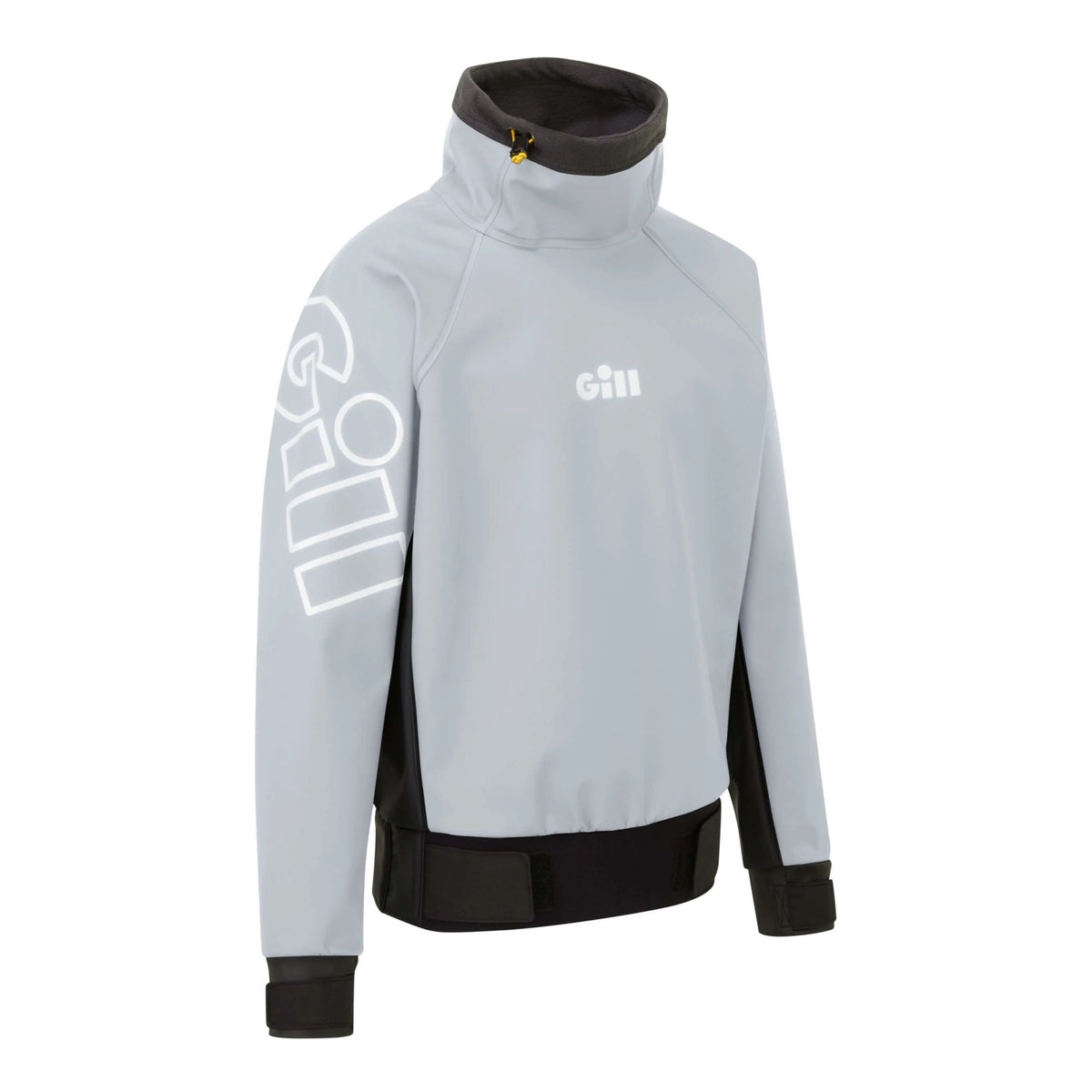 A light gray and black GILL athletic pullover jacket with a high collar, featuring a white GILL logo on the chest and a large white graphic on the sleeve, shown on a plain white background.