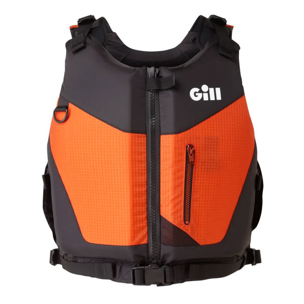 Orange and black life jacket with Gill logo on a white background