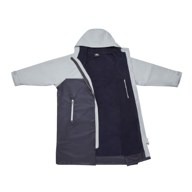 Two-tone jacket with gray sleeves and navy body on a white background