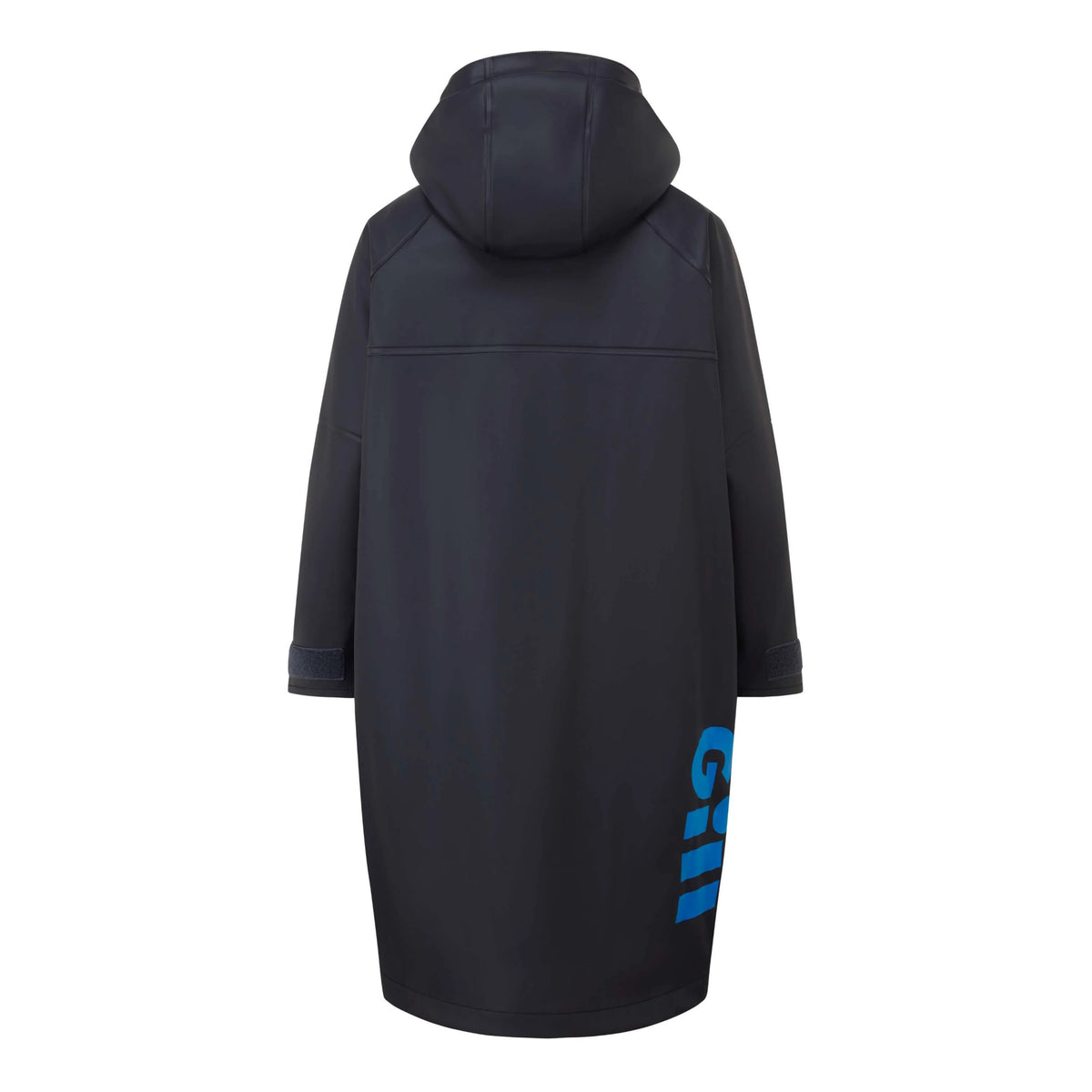 A dark navy hooded coat shown from the back, featuring a large vertical blue graphic print on the lower back, set against a plain white background.