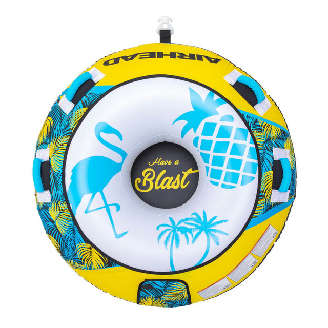 Inflatable tube with tropical design and 'Airhead' branding on a white background
