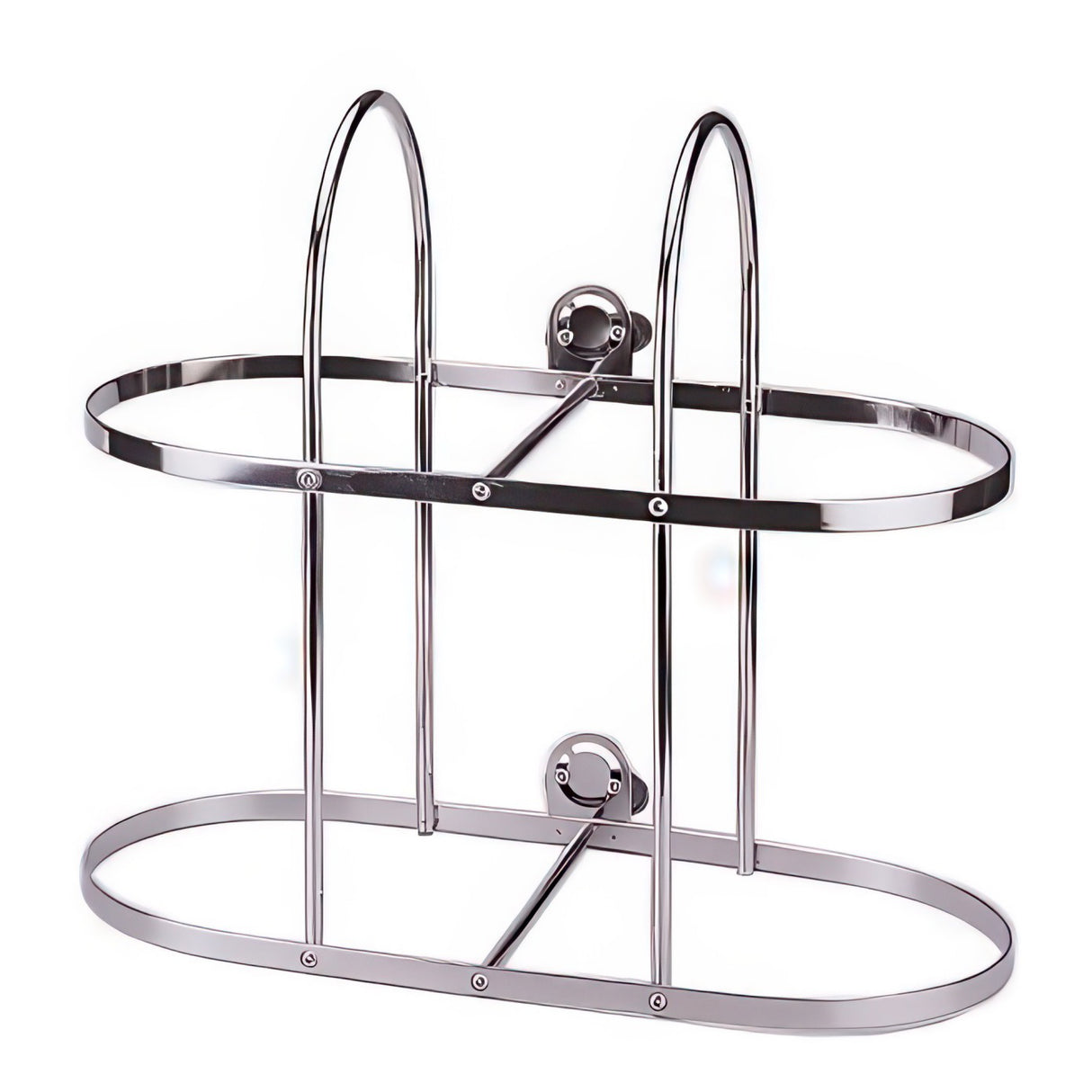 Chrome metal bike rack on a white background