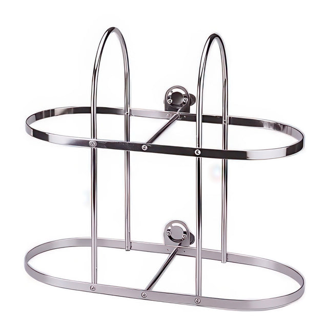 Chrome metal bike rack on a white background