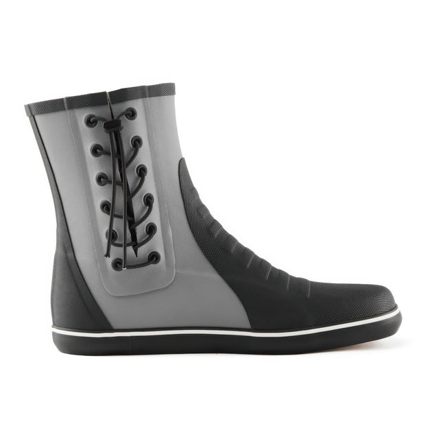 Black and gray rain boot with lace-up design on a white background