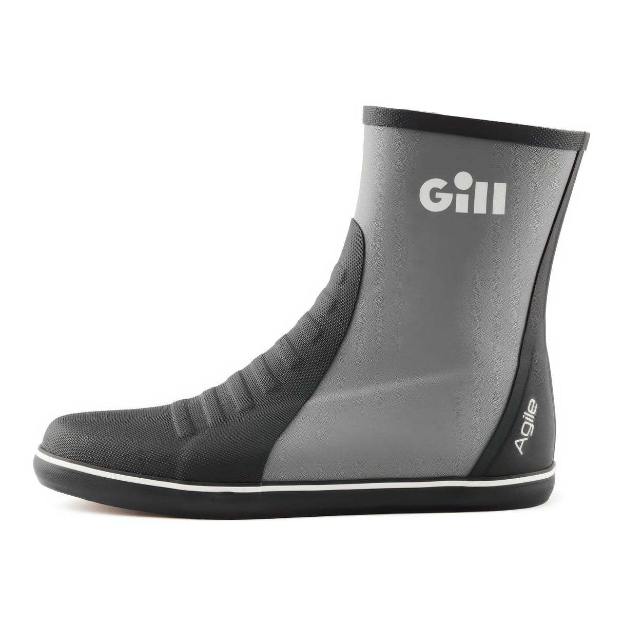 Gray and black Gill brand boot on a white background