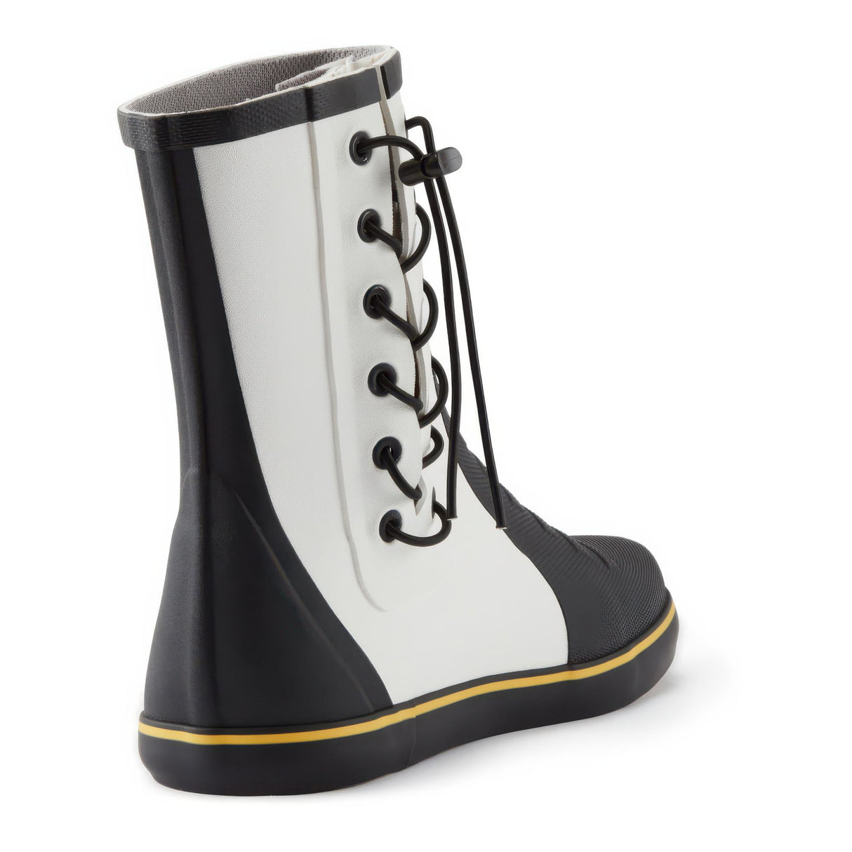 Black and white rain boot with yellow trim on a white background