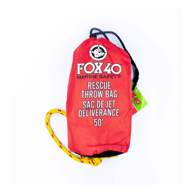 Red rescue throw bag with 'FOX 40 Marine Safety' branding on a white background