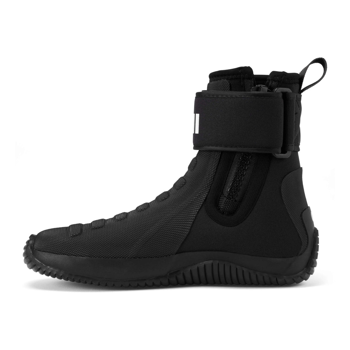 A black high-top athletic boot with a wide adjustable ankle strap and a pull tab, shown in a side profile on a white background.