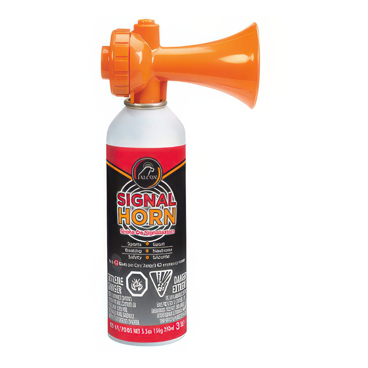 Signal horn canister with orange nozzle on a white background