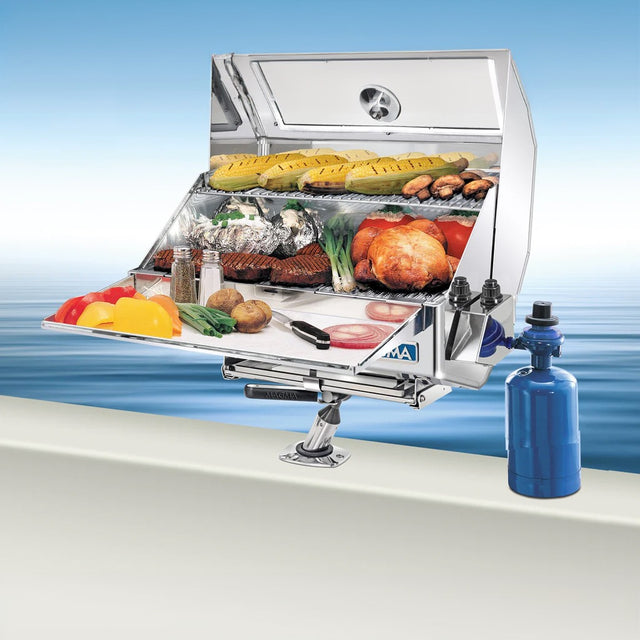 Magma Catalina II Infrared Gourmet Series Gas Grill open with food