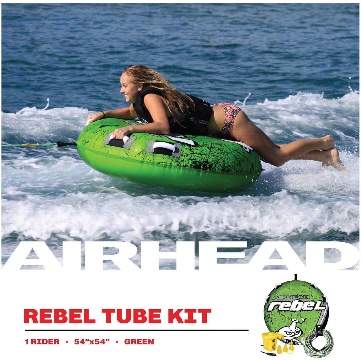 Person using a green Airhead Rebel Tube Kit in the water with brand logos displayed.