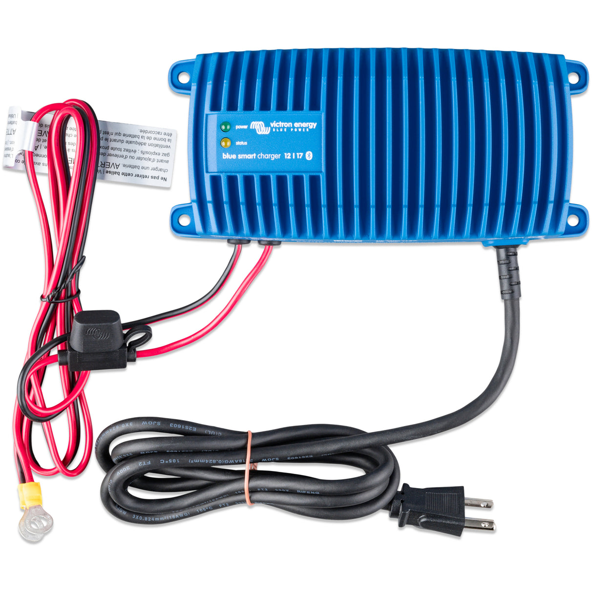 Top view with cords of Victron Blue Smart IP67 Charger 12/25(1) 120V NEMA 5-15.