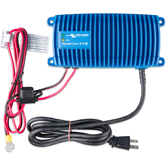 Top view with cords of Victron Blue Smart IP67 Charger 12/25(1) 120V NEMA 5-15.