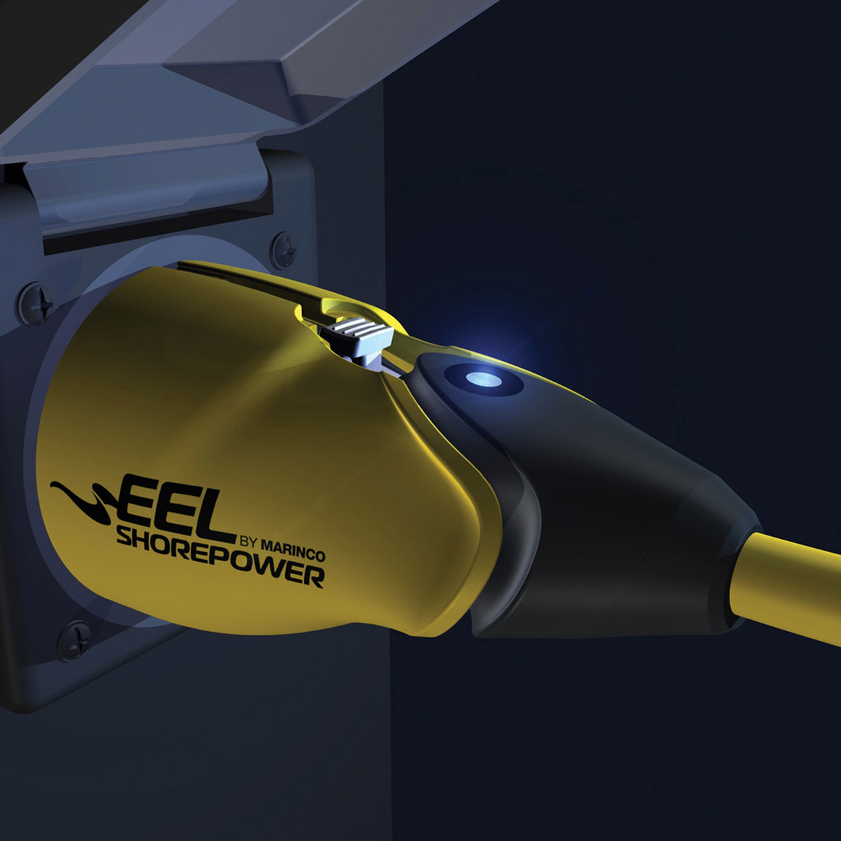 Marinco EEL 50' 30A Yellow Shorepower Cord (w/LED) plugged into receptable
