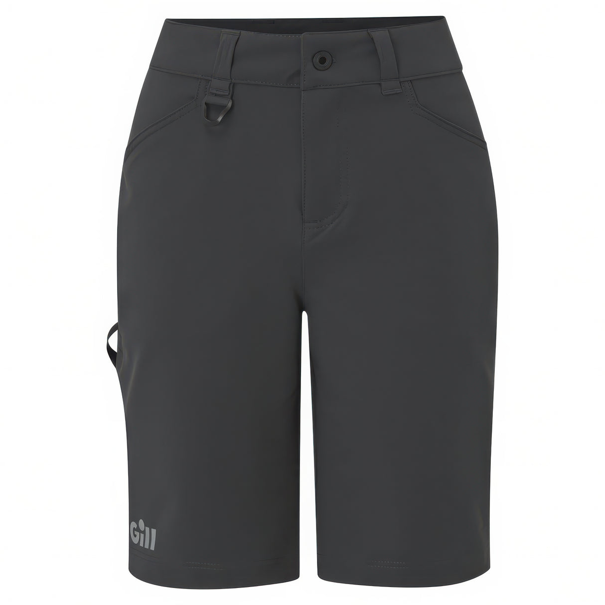 Black shorts with a brand logo on a white background