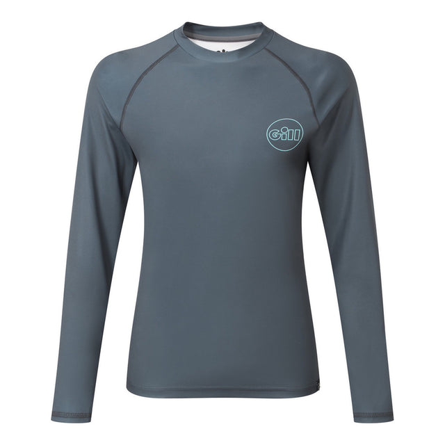 Gray long-sleeve shirt with a brand logo on a white background