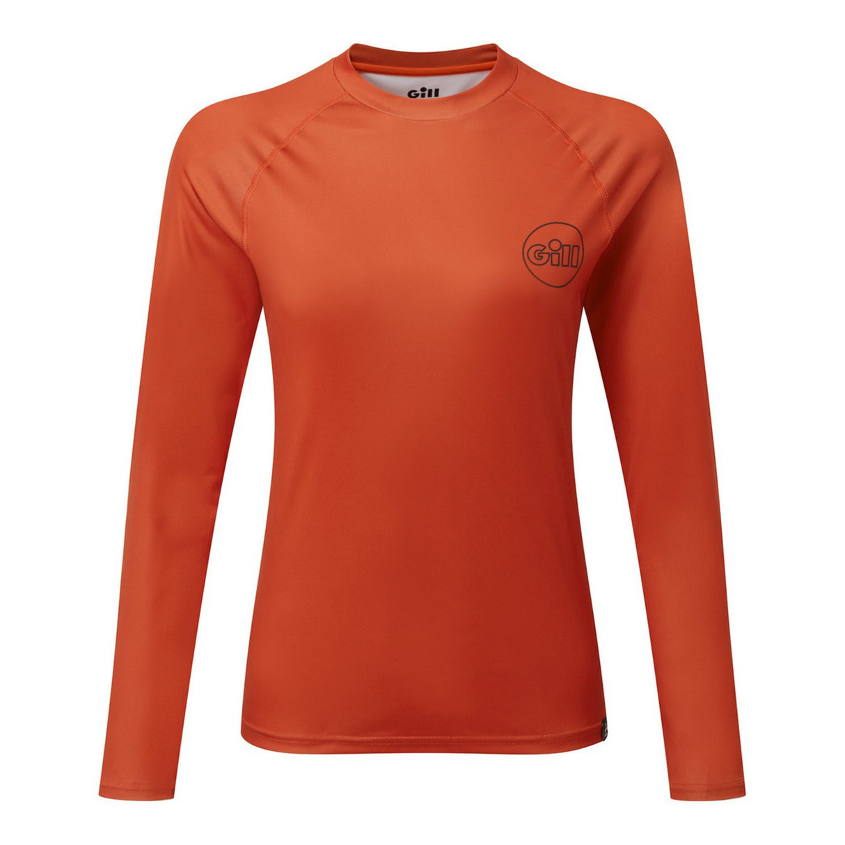 Orange long-sleeve shirt with a brand logo on a white background