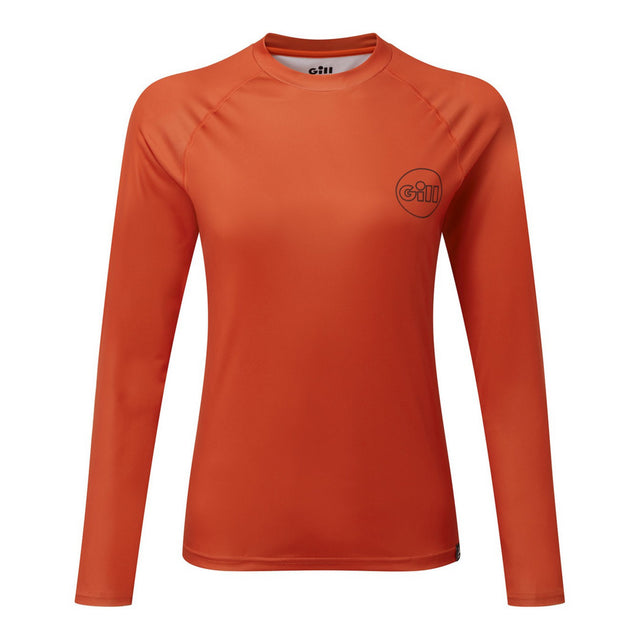 Orange long-sleeve shirt with a brand logo on a white background