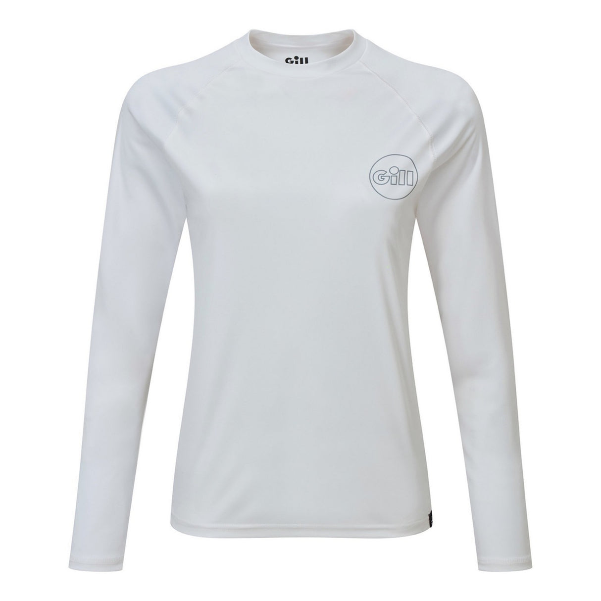 White long-sleeve shirt with a logo on a white background