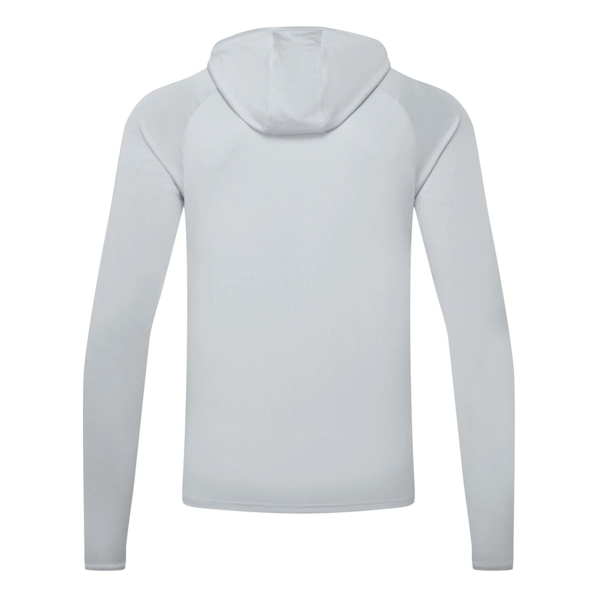 A light gray hooded long-sleeve shirt shown from the back, displayed on a clean white background.