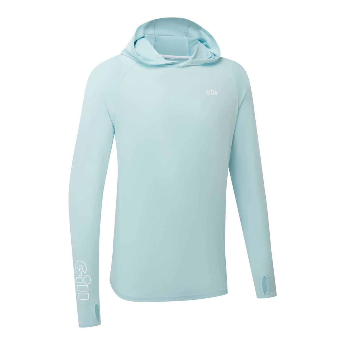A light blue long-sleeve hooded athletic shirt with 'GAIN' printed in white on the left chest and left sleeve, displayed on a clean white background.
