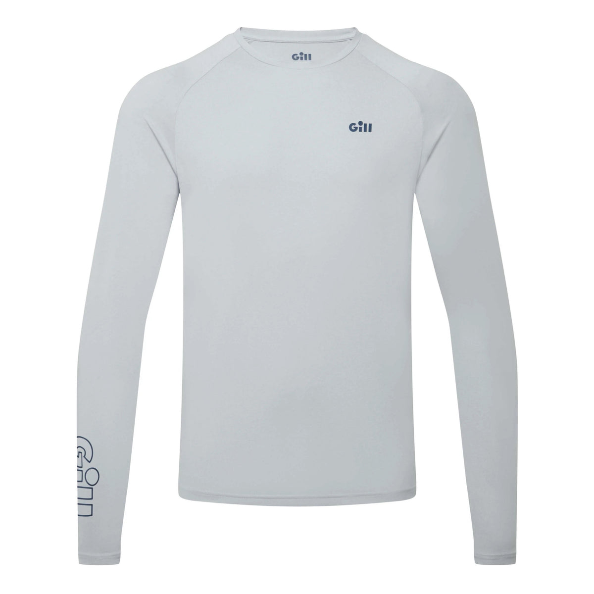 A light gray long-sleeve athletic shirt with a crew neck, featuring a small dark gray 'G11' logo on the left chest and a larger vertical 'G11' logo printed down the right sleeve, shown against a plain white background.