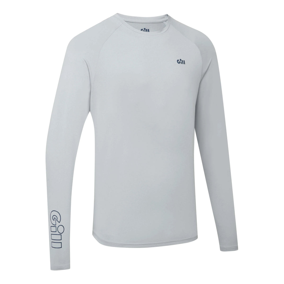 A light gray long-sleeve athletic shirt with a crew neck, featuring a small dark gray 'chii' logo on the left chest and a larger vertical 'chii' logo printed on the right sleeve, shown against a plain white background.