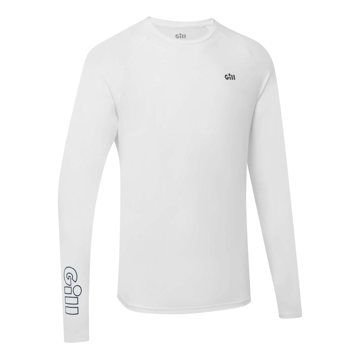 A white long-sleeve athletic shirt with a crew neck, featuring a small black 'chi' logo on the left chest and a larger vertical black 'chi' logo on the right sleeve, shown against a plain white background.