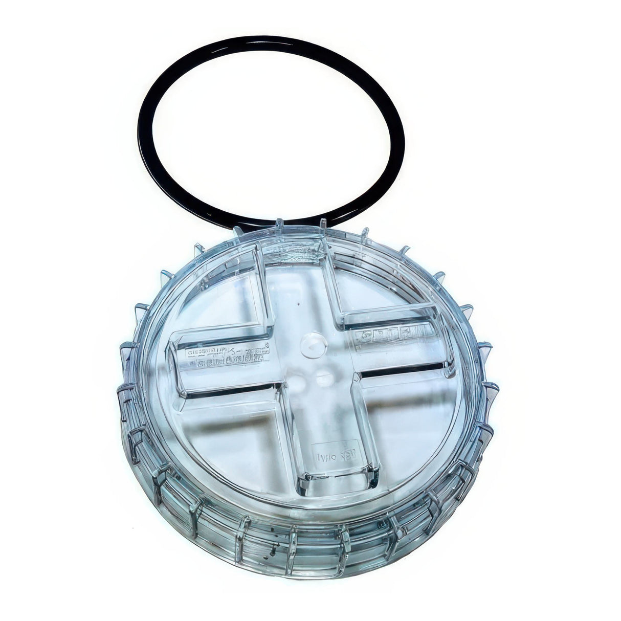 Clear plastic wheel cover with black rubber band on a white background