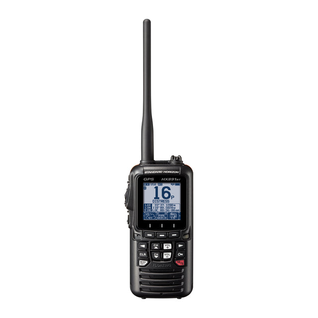 Black handheld radio with screen and antennas on a white background