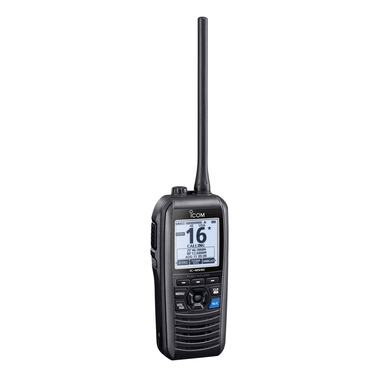 Black handheld radio with digital display on a white background