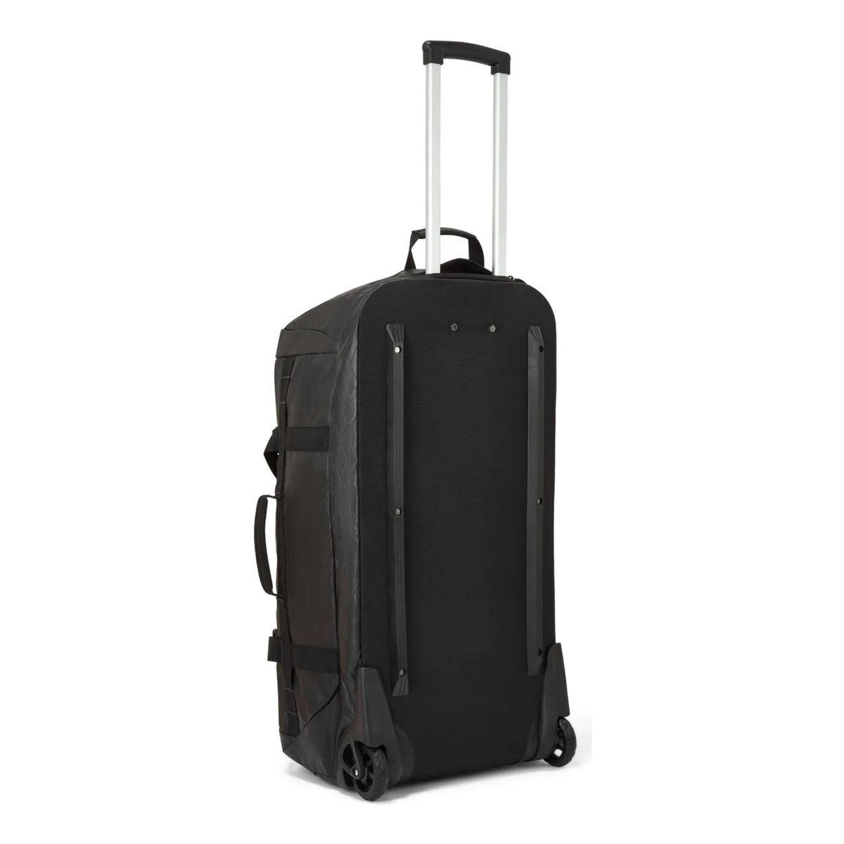 A black rolling duffel bag with an extended silver telescoping handle, shown from a three-quarter angle on a white background.