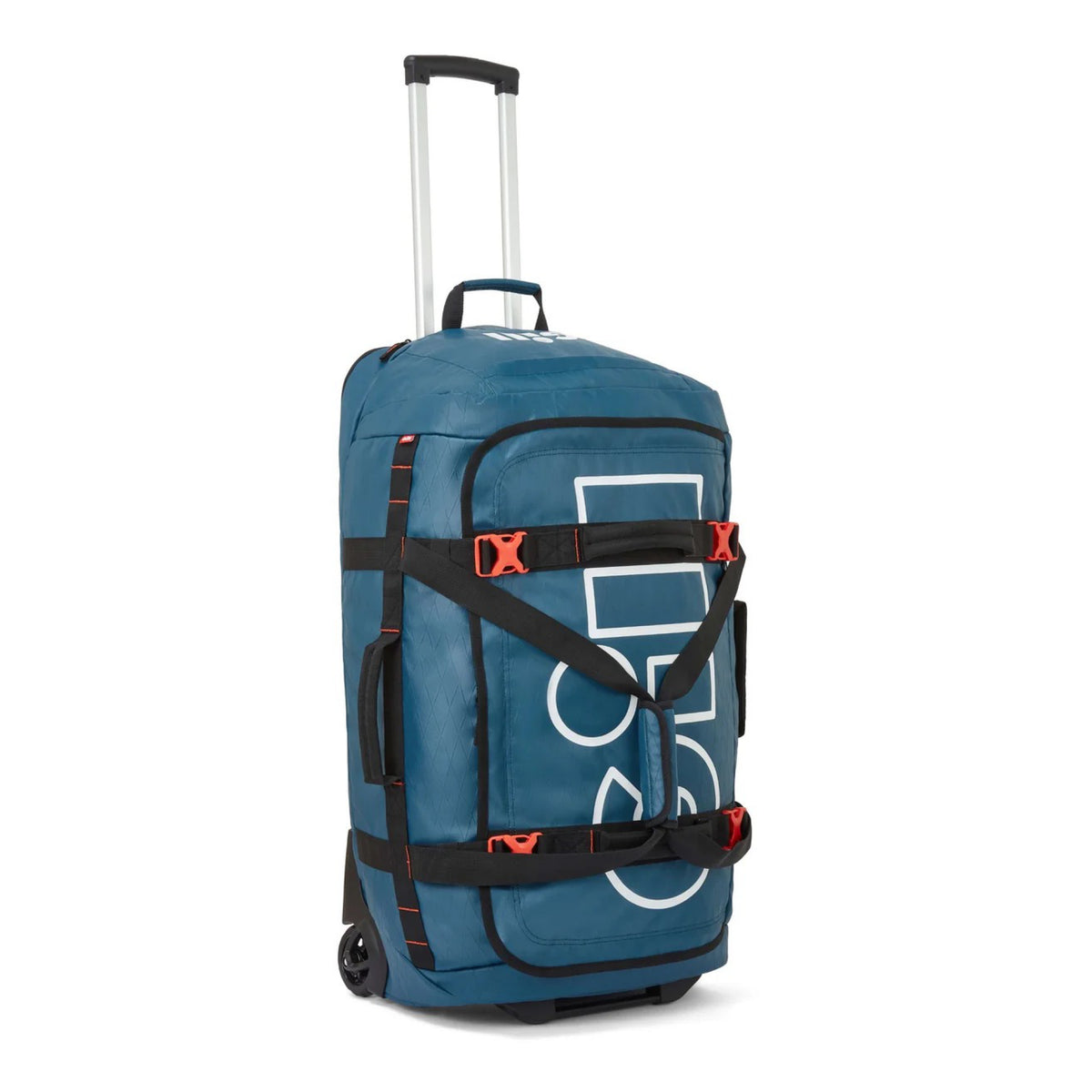 A blue rolling duffel bag with an extended telescoping handle, black compression straps, and a large white graphic logo on the front, set against a plain white background.