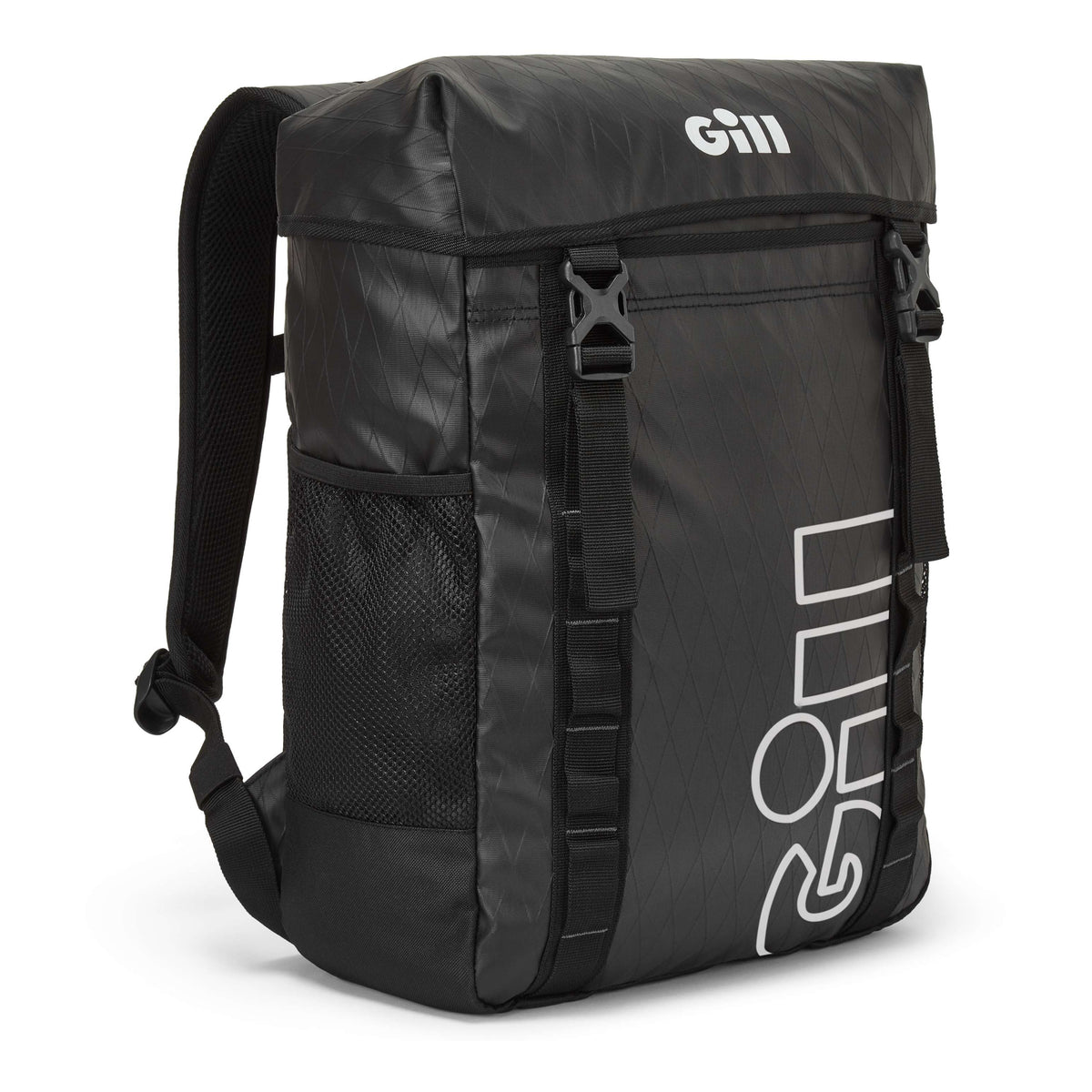 A black GILL backpack with white logo branding, featuring a roll-top design, side mesh pocket, and front compression straps, shown on a plain white background.