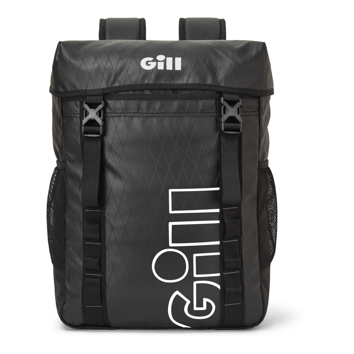 A black GILL roll-top backpack with white logo branding, featuring a diamond-patterned texture, side mesh pockets, and adjustable webbing straps on a white background.