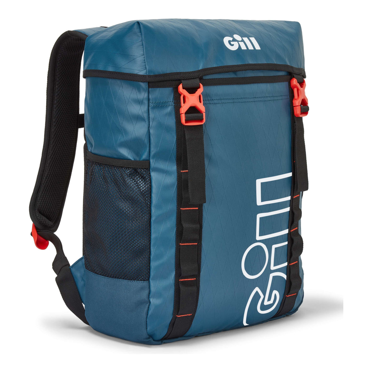 A blue GILL backpack with black straps, mesh pocket, and bright orange-red buckle accents, shown on a clean white background.