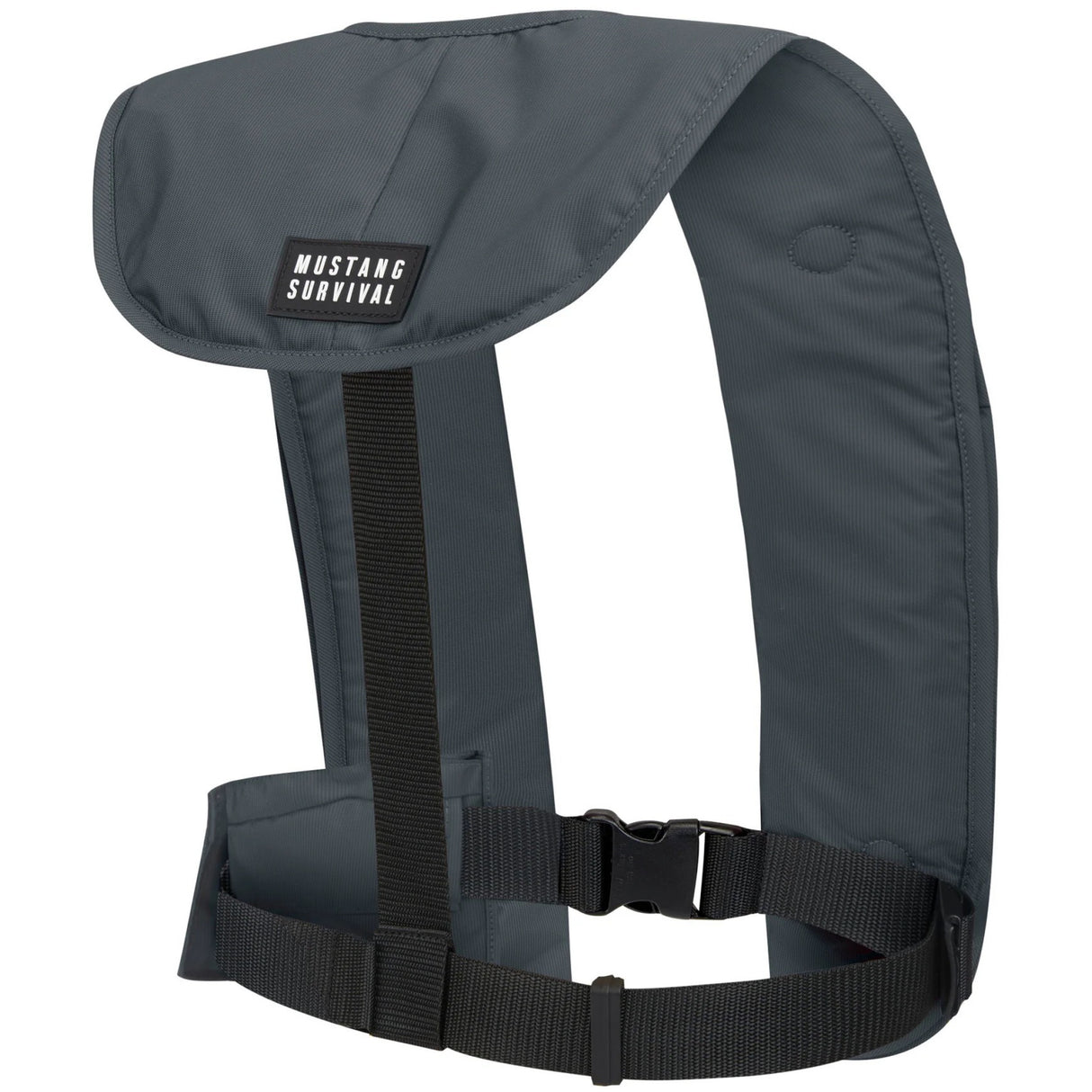 Gray safety vest with black straps and Mustang Survival logo on a white background