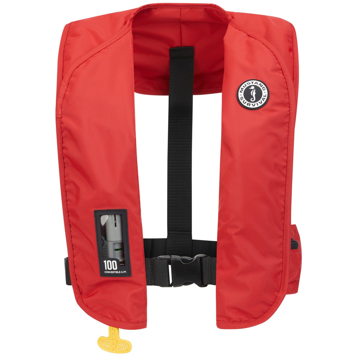 Red life jacket with a visible brand logo on a white background
