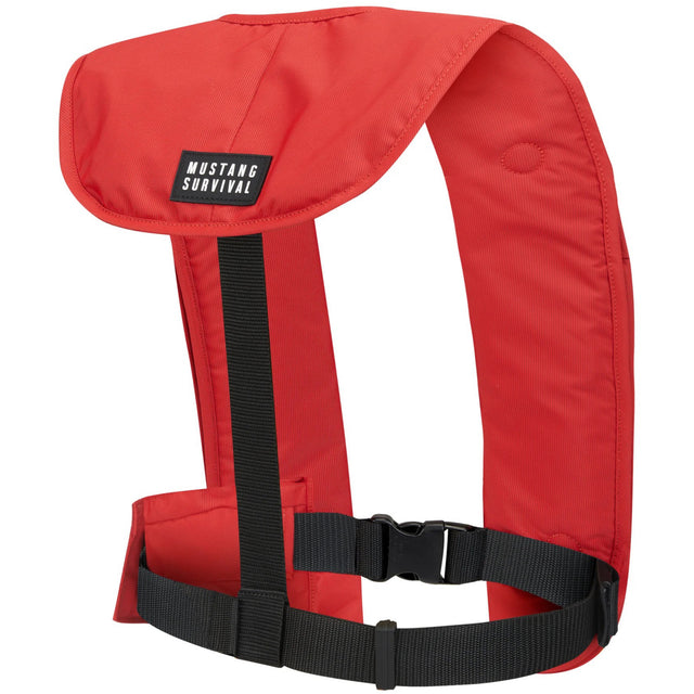 Red life jacket with black straps on a white background, featuring 'Mustang Survival' branding.