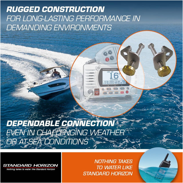 Advertisement for Standard Horizon marine equipment with a boat on water and close-ups of equipment.