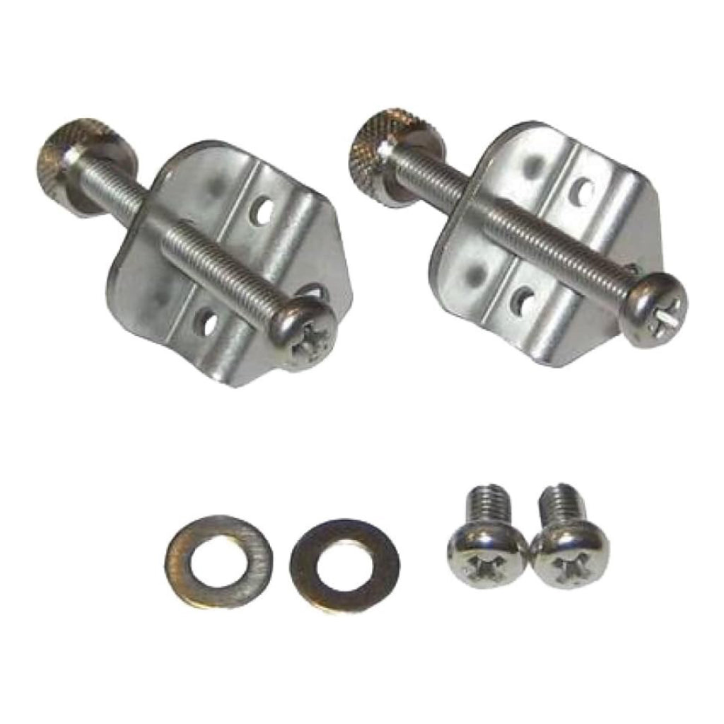 Two metal brackets with washers and screws on a white background